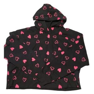 No Boundaries Raw Hem Black Hoodie with Pink Hearts Size XXL